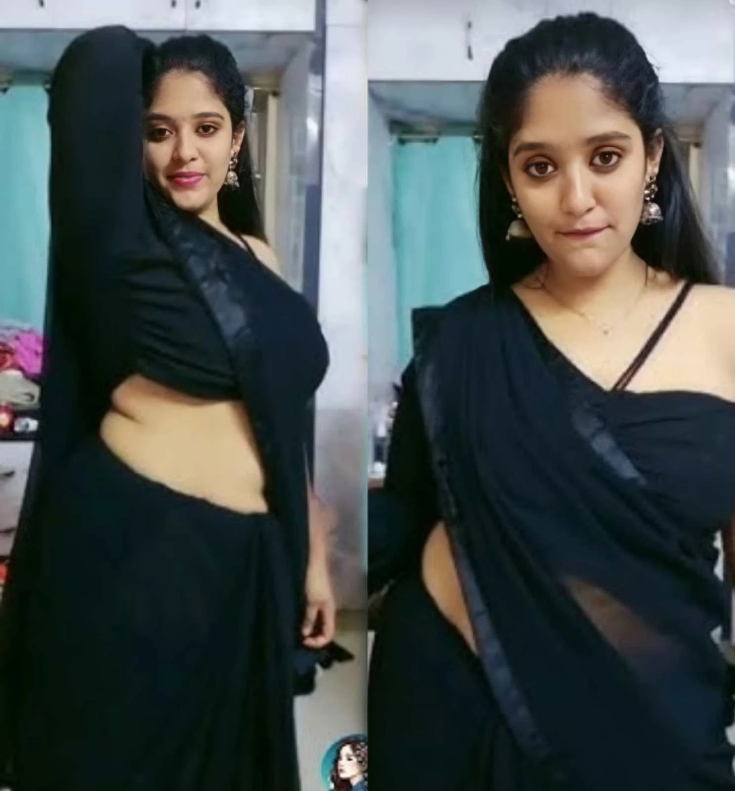 Hot Paid Aunty Anu in Black Saree Hot Tango Nude Showing Big Boobs For Client in Tango Live Stream